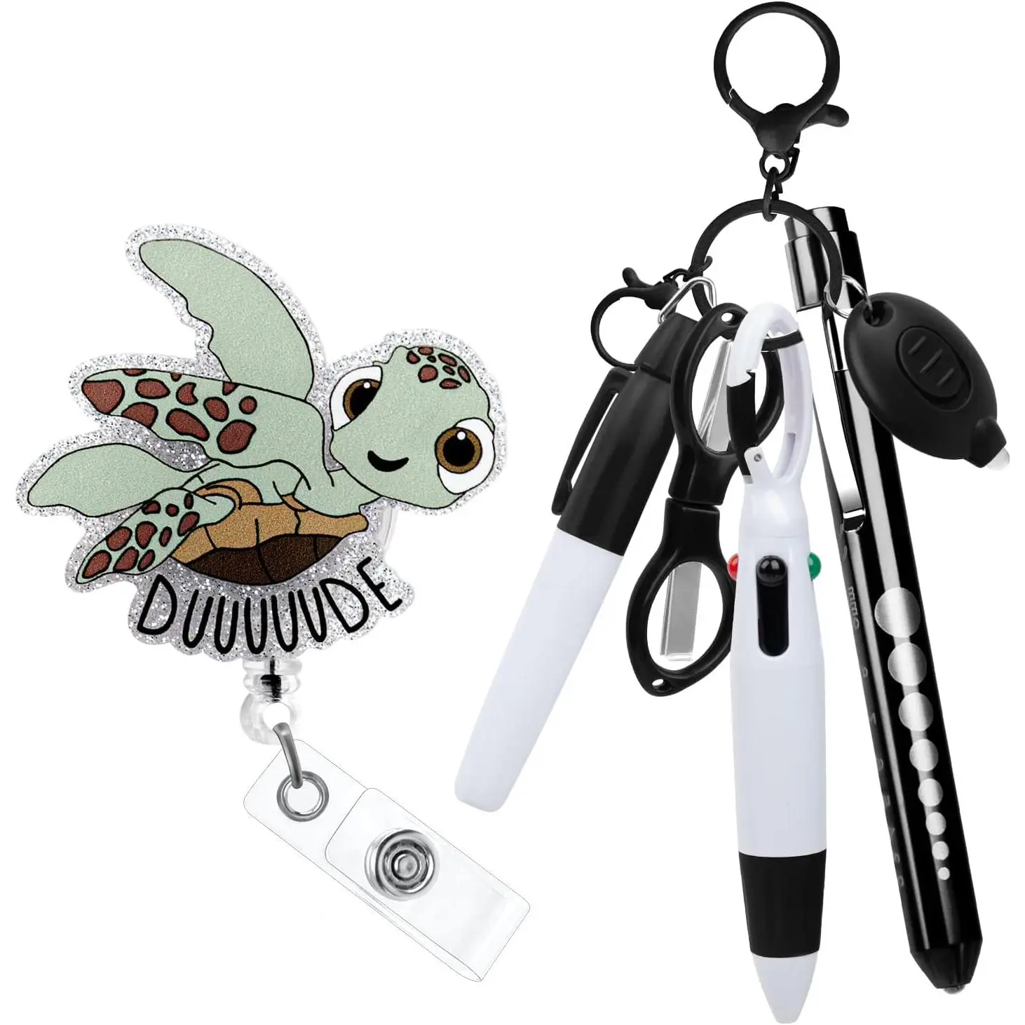 7 count Nurse Badge Accessories Includes Funny Badge Reels, Permanent Marker Pen, Retractable Ballpoint Pen, Nurse Pen Light,  Clip, Foldable , LED Flashlight (Black)