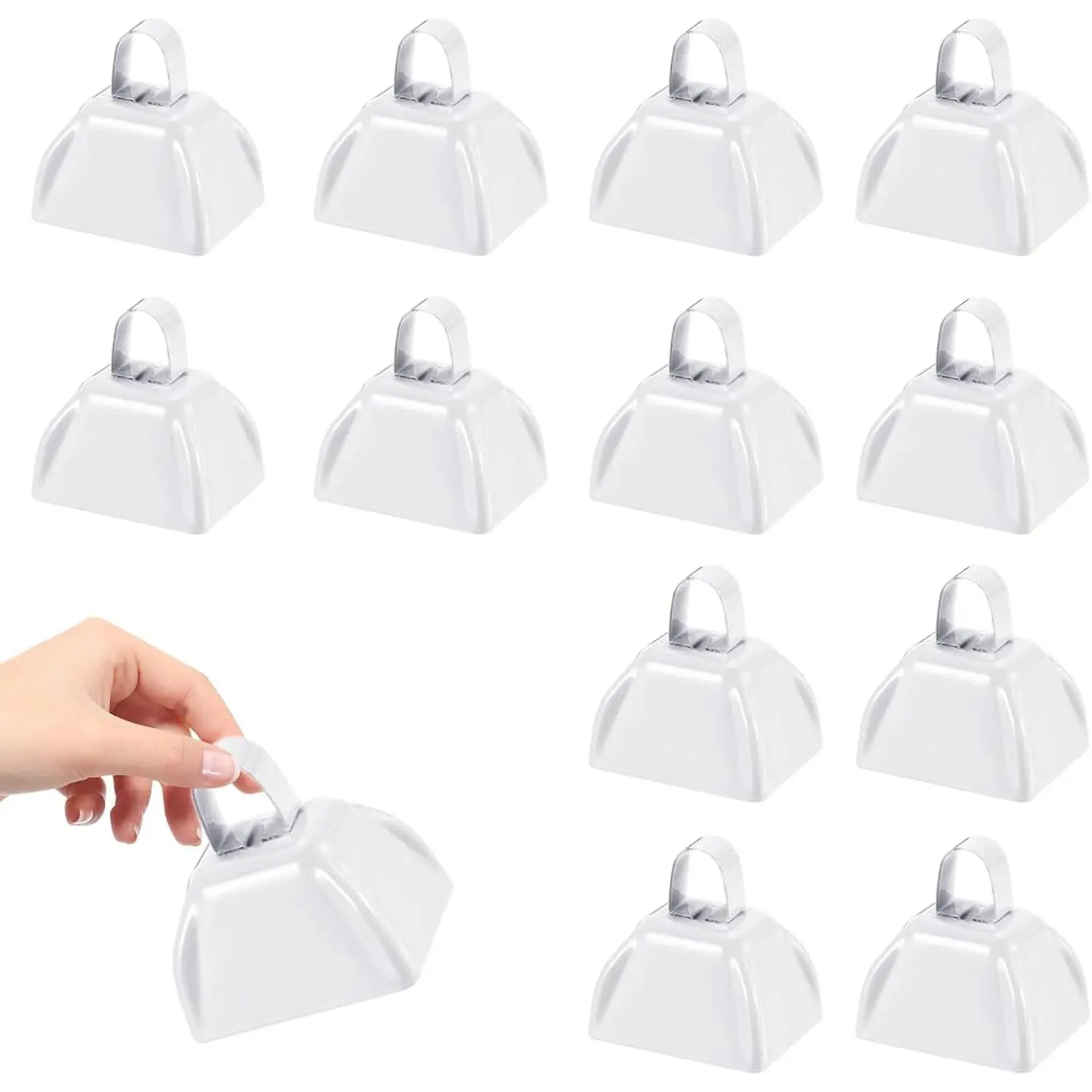 3Inch Cowbells for Sporting Events,12Pcs Metal Cow Bells Bulk Loud Noise Makers Cow  with Handle for Cheering Football  Spirit  Weddings Party Noisemakers, White