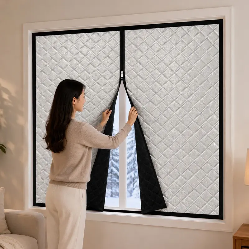 Thickened Winter Thermal Insulation Window Cover, Silver Quilted Draft Blocking Curtain with Black Lining, Zipper & Self-Adhesive Installation