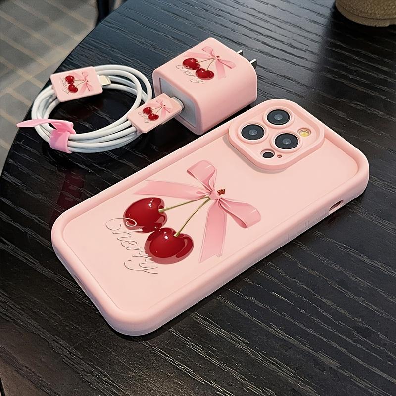 Cherry & Bowknot Pattern Phone Case with Charger Head Cover & Cable Protector & Storage Rope, Anti-drop Phone Cases for iPhone, Casing