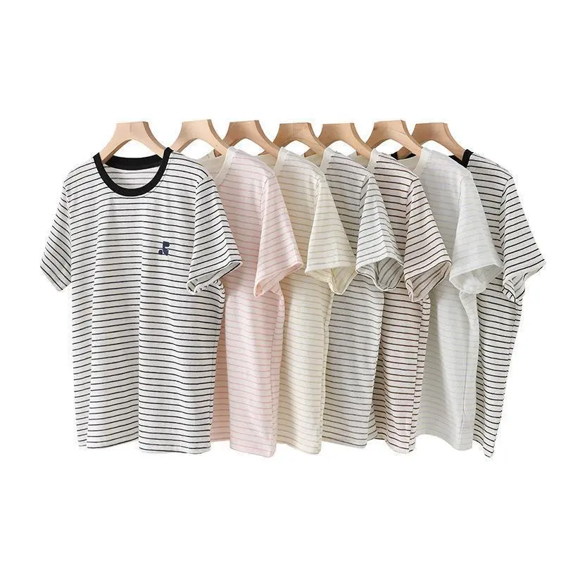 A273 Lazy Cotton Short Sleeve T-Shirt Comma Embroidery Slim Stripes round Neck Casual Korean Style Spring Summer Tee