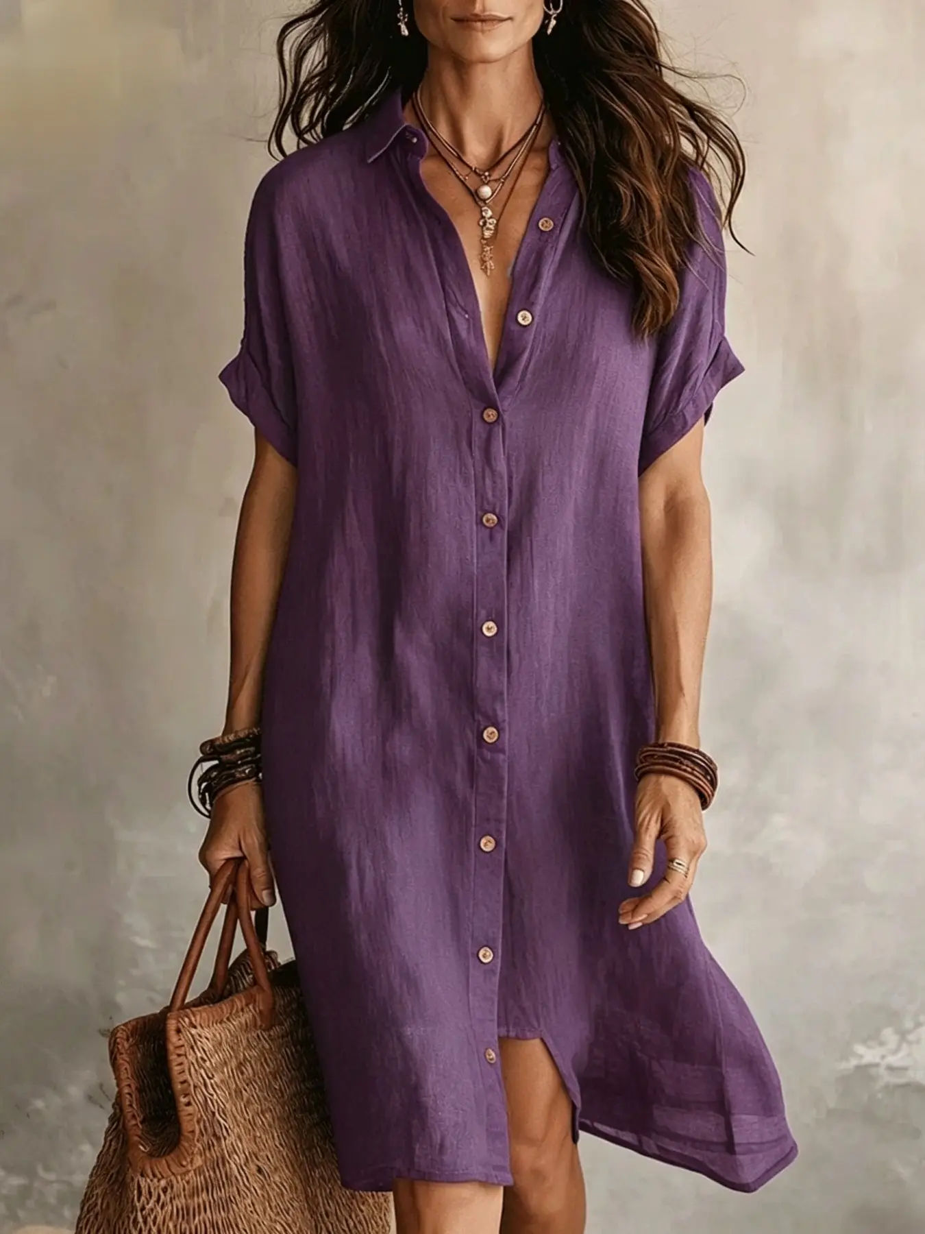 2026 New Arrival Women's Shirt Dress, Fashionable Casual Midi Dress, Solid Color Short Sleeve Button Front, Comfortable Retro Style, 10 Colors Available