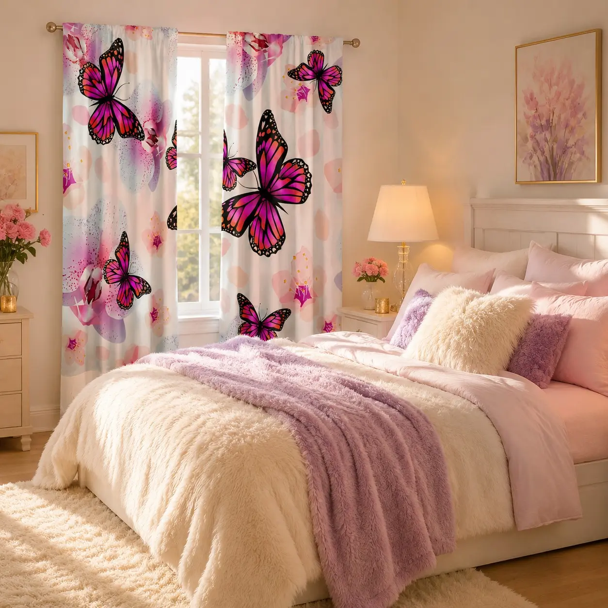Two-Piece Butterfly Floral Curtains, Watercolor Blurred Background, Elegant Bedroom Decor, Romantic Home Atmosphere, Art Style Curtains