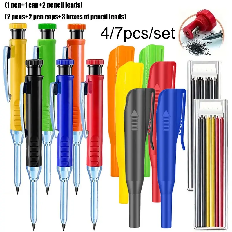4/7 Piece Set 2.8mm Solid Carpenter Pencil with Cap, Deep Hole Mechanical Pencil, Mechanical Pencils Set, Ideal for Woodworking, Office Supplies, Stationery Tools, Father's Gift