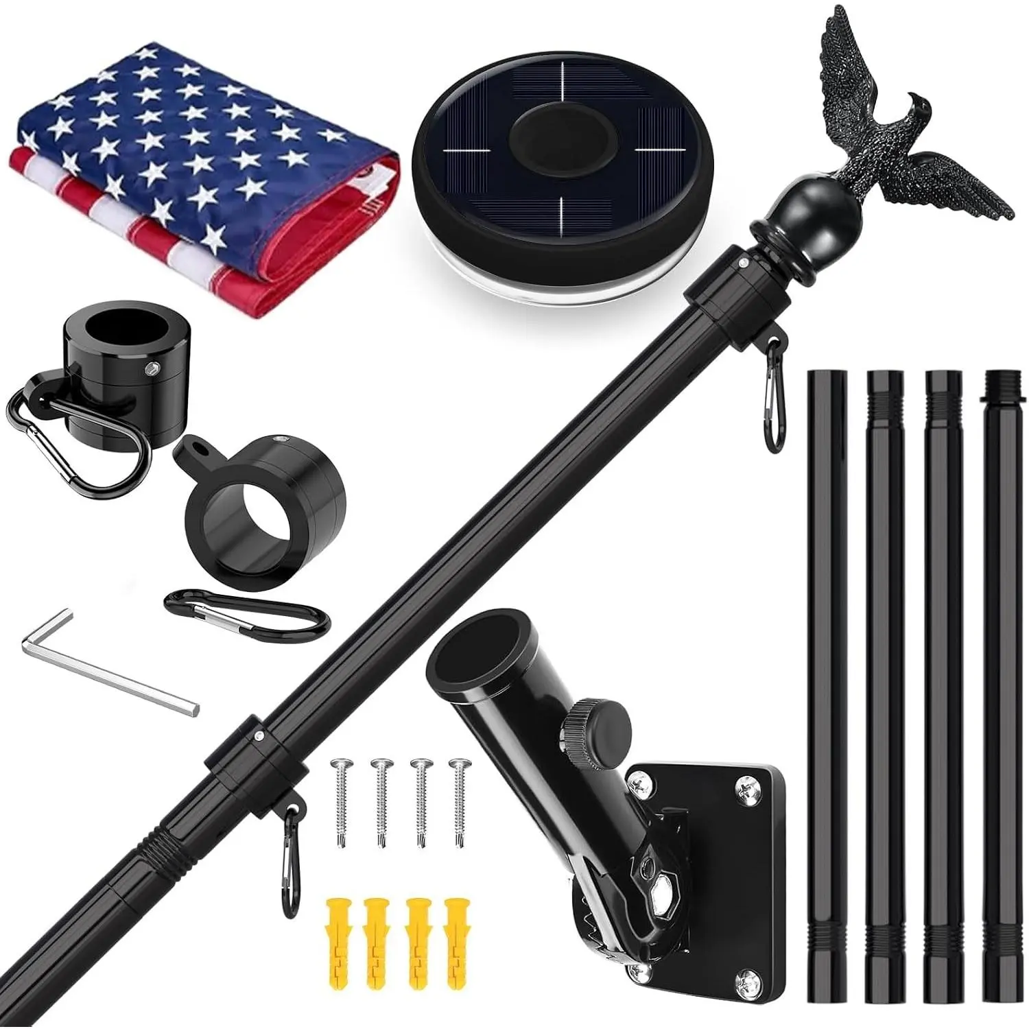 5FT Flag Pole Kit for Outside House with American Flag & Solar Light,1" Thickened Stainless Steel Wall Mount Flagpole with 180°Adjustable Bracket for Residential Outdoor Porch, Black
