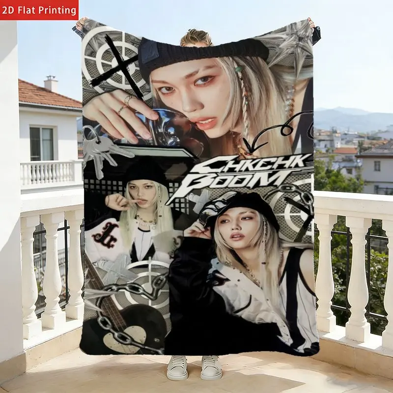 Kpop Female Idol CHKCHK BOOM Y2K Grunge Guitar Chain Target Collage Throw Blanket Soft Fluffy Flannel Fleece Warm Sofa Bed Blanket Blonde Braided Hair Multi Portrait Graphic Teen Young Girls Kpop Stan Dorm Bedroom Fan Decor Gift