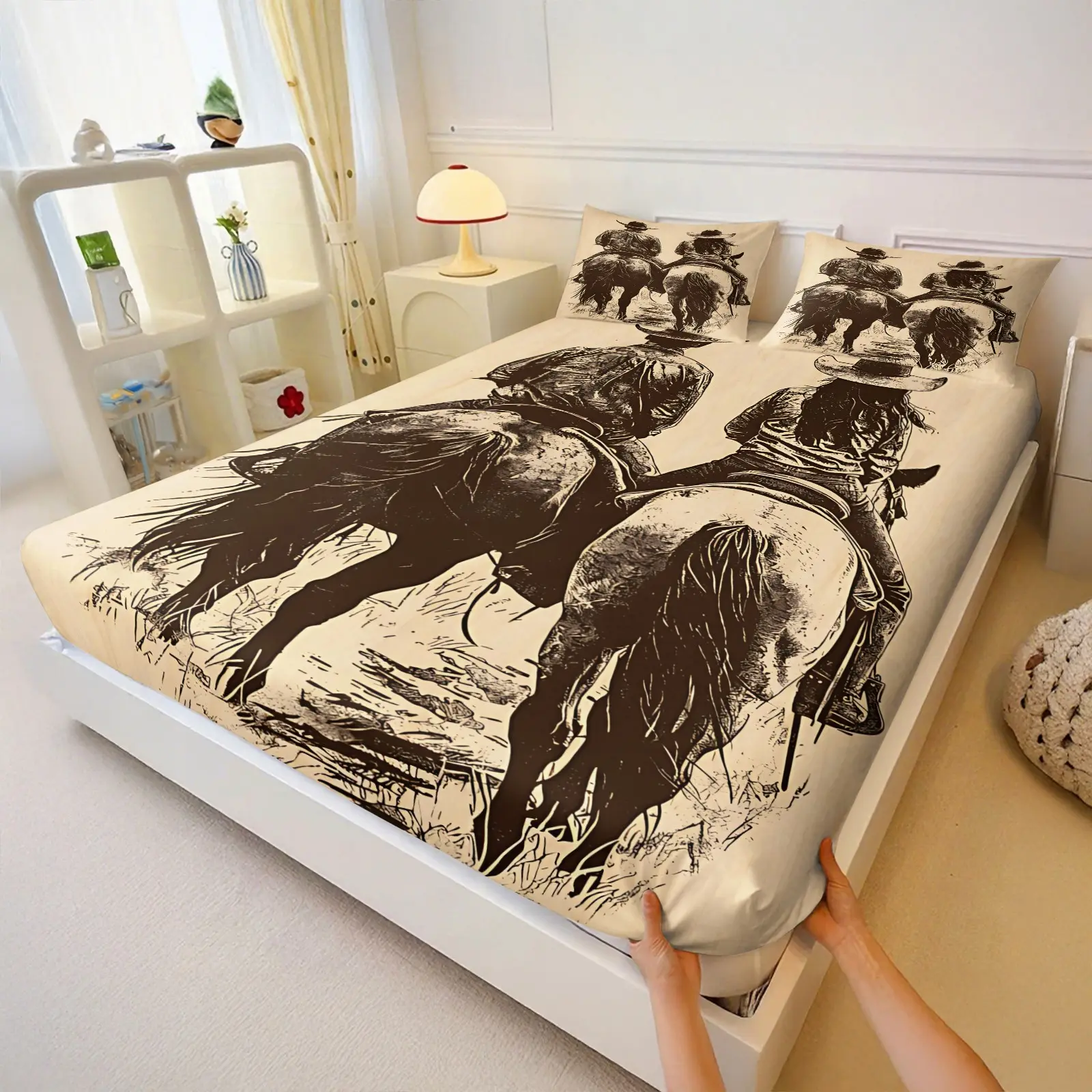 Vintage Western Cowboy Horse Print 3‑Piece Fitted Sheet Set, No Filling Included, Soft Bedding Set, Wild West Rustic Vibe Decor for Western Style Master Bedroom, Cowboy Man Cave, Ranch Farm Suite