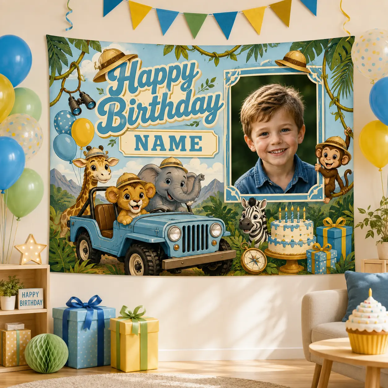 Personalized Safari Birthday Backdrop with Photo and Name, Jungle Animal Theme Party Decoration Banner