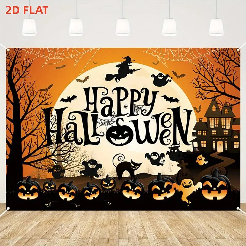 2D Flat, 1pc banner Halloween Polyester Banner – Large Happy Halloween Party Backdrop Decoration with Pumpkin & Witch Design for Indoor, Outdoor Use – Multipurpose Room, Garden Decor for Festive Celebrations
