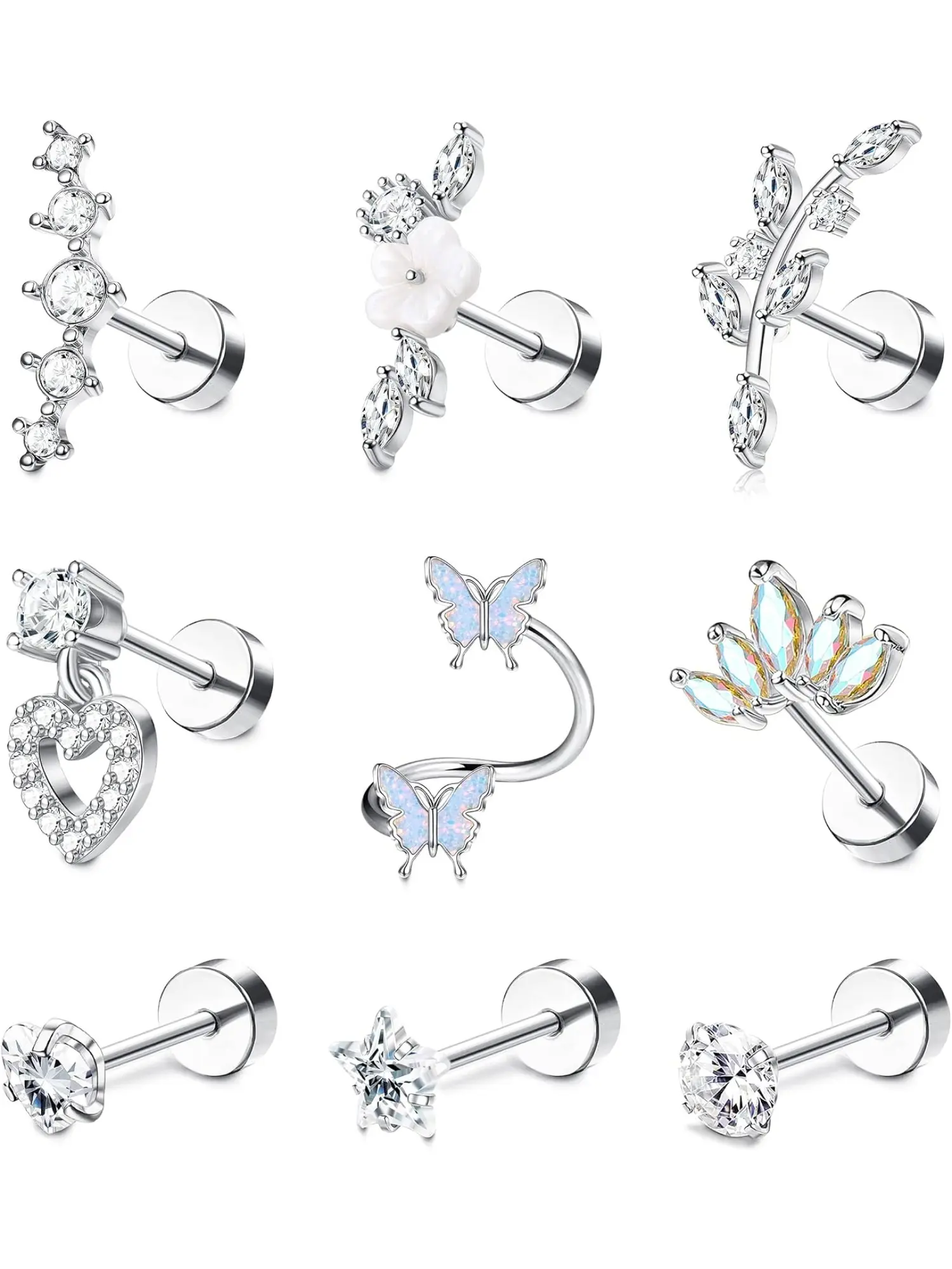 9 Pcs 16G Helix Earrings for Women Surgical Steel Conch Tragus Earrings Piercing Butterfly Flower Snake Ear Piercing Earrings Stud Cartilage Earrings Set Helix Tragus Piercing Jewellery
