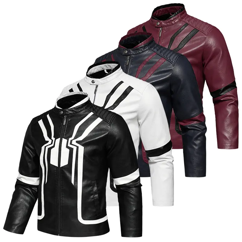 Men's Spider Embroidered Biker Jacket - New Color-Block Trendy Black and White Multi-Color Patchwork