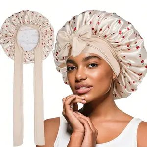 Large Size Smooth Cherry Printed Sleep Cap - Elastic Wide Band Haircare Hat for Chemo Patients, Curly Hairstyles, Daily Use & Gifting