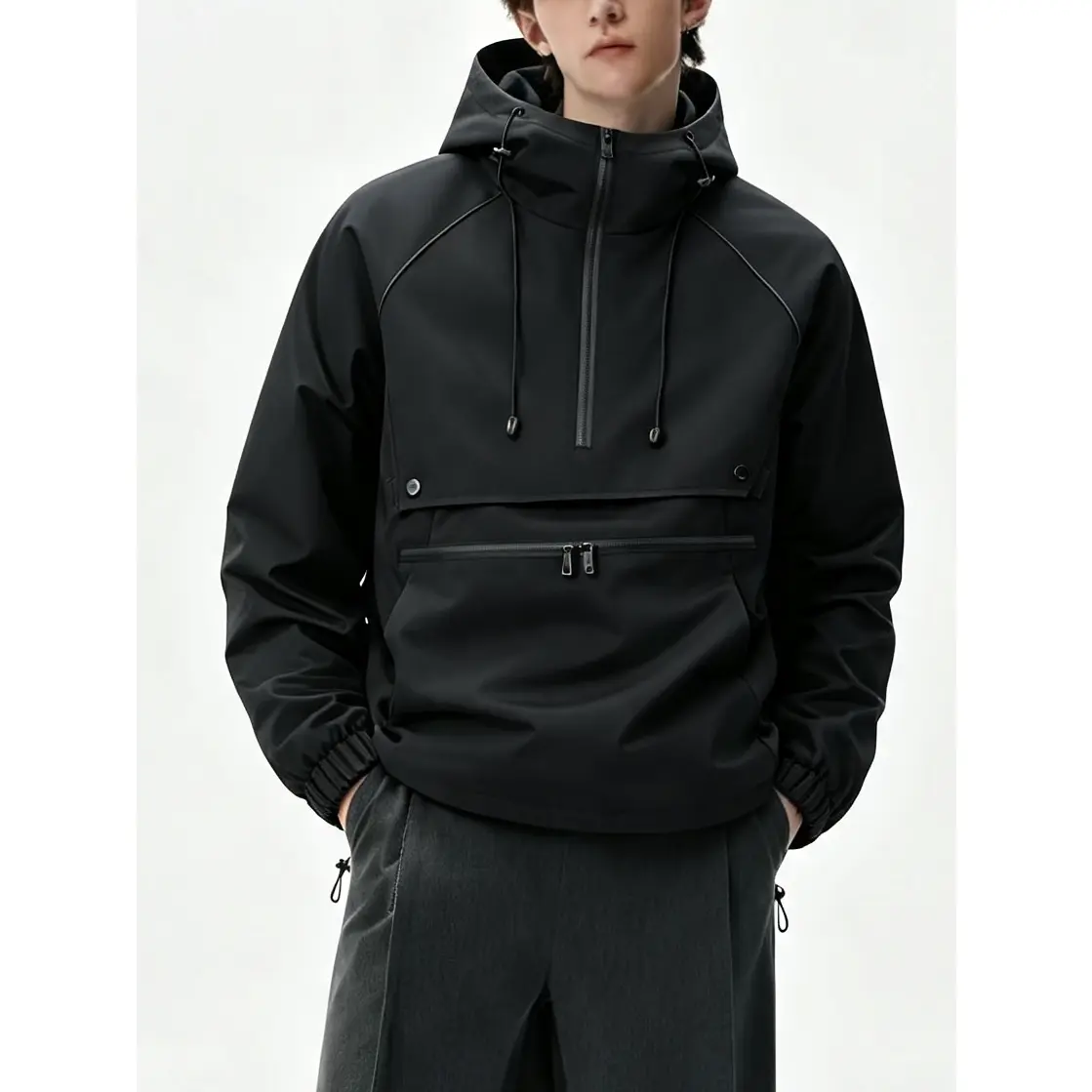 Men's  Half-Zip Hooded Anorak Jacket - Wind-Resistant, Water-Repellent Lightweight Softshell Top with 1 Large Front Pocket, Classic Stripe Fabric, Reflective, Breathable, Loose Fit, Small Size for Young Adult Daily Winter Wear