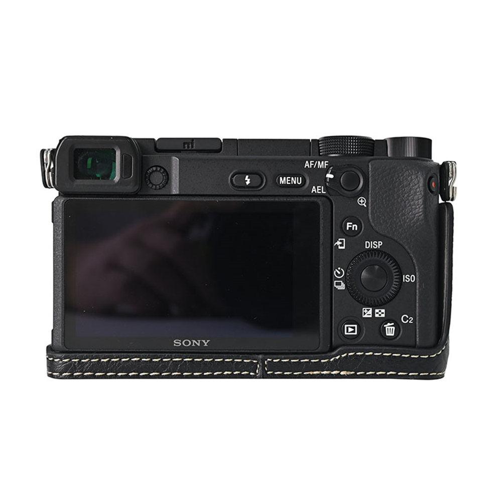 Litchi Pattern PU Leather Camera Half Case for Sony A6300 A6400 A6000 A6100 Bottom Opening Magnetic Cover With Strap