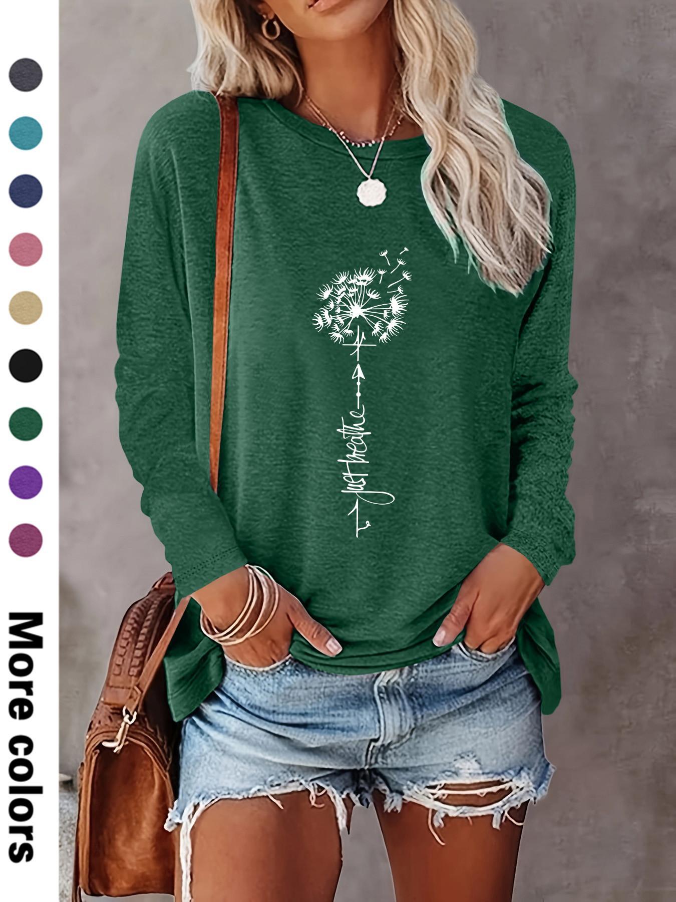 Women's Floral & Letter Print Crew Neck Tee, Fashion Casual Fitted Long Sleeve T-shirt for Daily Outdoor Wear, Ladies Clothes for Spring & Fall