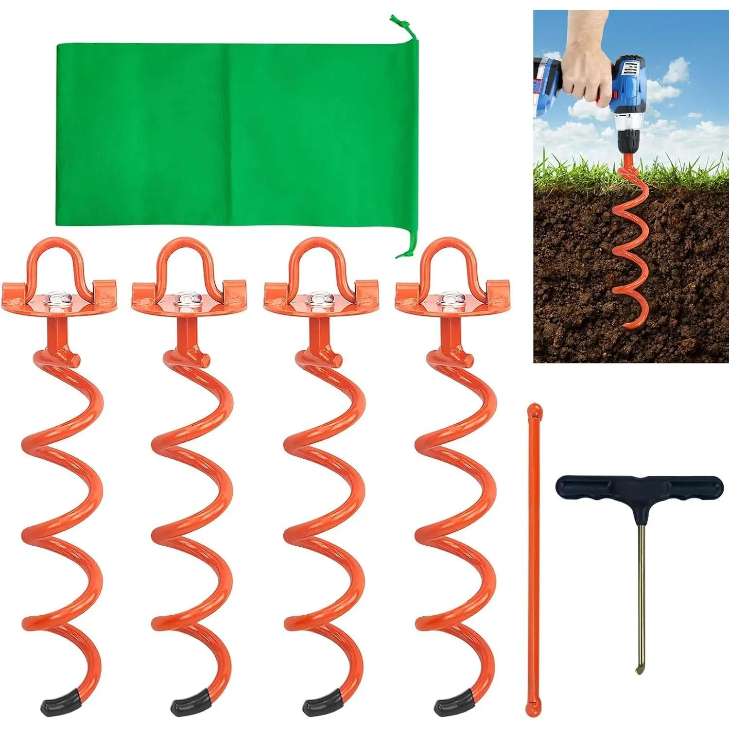 11.4 Inch Gound Anchors Screw in, Metal Spiral Earth Anchors Kit, Heavy Duty Folding Ring Spiral Dog Tie Out Stake, Ground Stakes for Tent Trampolines, Garden Fence, Sheds, Swings (Orange)