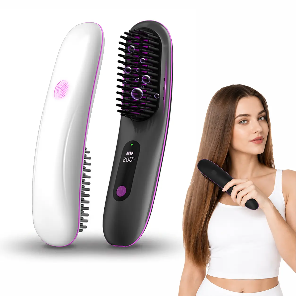 Safe Auto Shut-Off Wireless Plasma Comb, New Curved 2-in-1 Straightener and Curler, 5200mAh, MCH Fast Heat, Dual-Side 6-Channel 500M Plasma, 3 Heat 160-200°C, Great Present for Mom & Girlfriend.