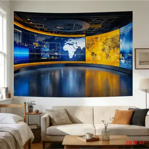 Pattern Printed Tapestry News Studio World Map Digital Screens Control Room Global Perspective, Room Wall Decoration, Non-luminous, Suitable for, Living Room, Meditation, Office