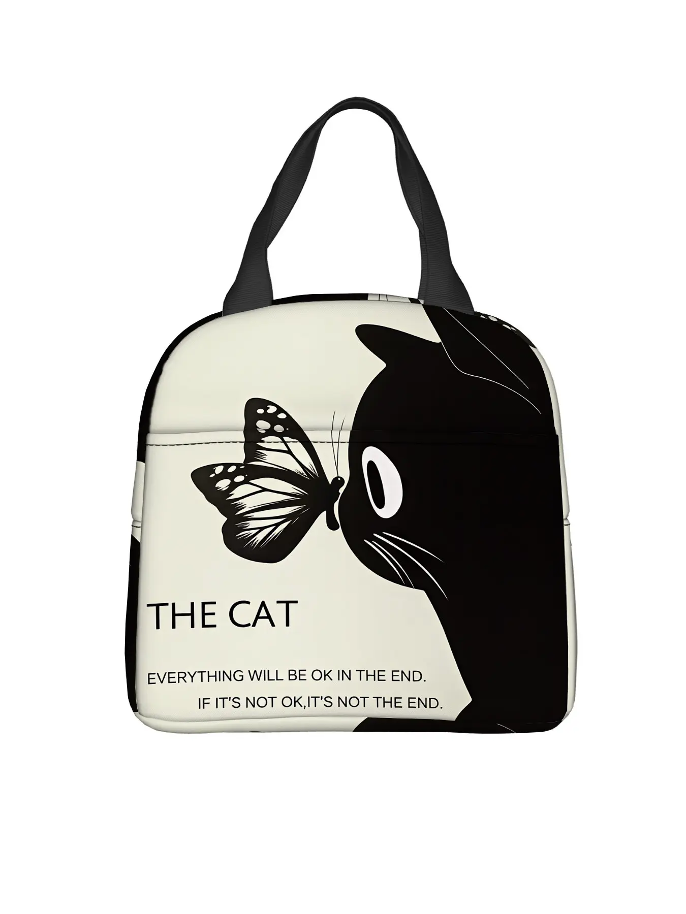 Cat Butterfly Healing Slogan Lunch Bag, Portable Insulated Bento Box, Large Capacity, Ideal for Office, Camping, Picnic