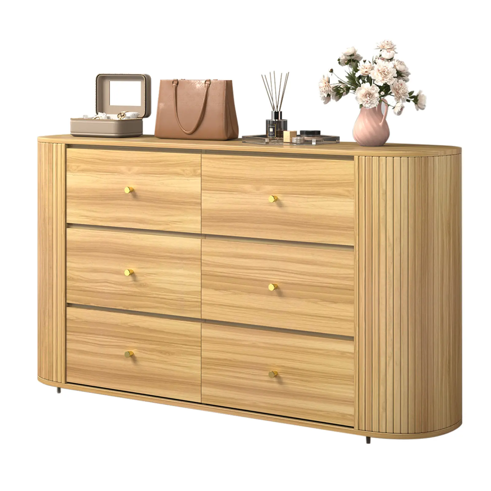 TV Stand with Drawers, Fluted Dresser 2 Curved Profile Fluted Sliding Doors, 6 Drawers Wood TV Stand for Living Room Bedroom, Oak