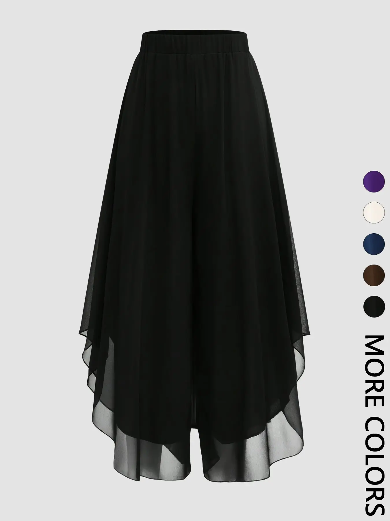 Spring Summer Women's Black Chiffon Elegant Elastic High Waist Asymmetric Hem Wide-Leg Pantskirt for Office and Daily Wear