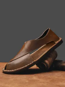 Men's Genuine Leather Hand-Stitched Sandals, Summer Hollow Out Toe Posture Sandals, Casual Fashion Beach Shoes, Comfortable and Stylish Footwear