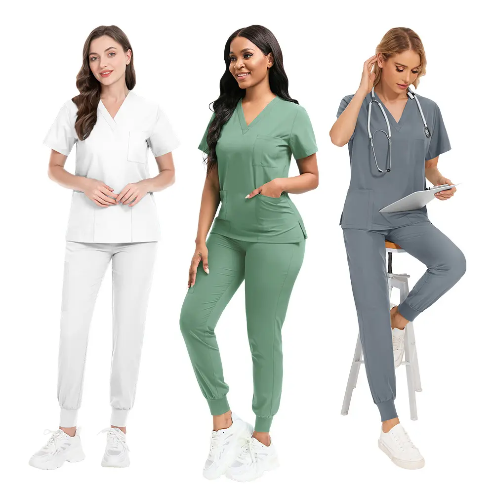 Scrubs Uniform Suit Short Sleeve V-Neck Tops & Jogger Pants Set Multicolor Women's Casual Nursing Uniform for Comfort and Work - Fitted scrubs women