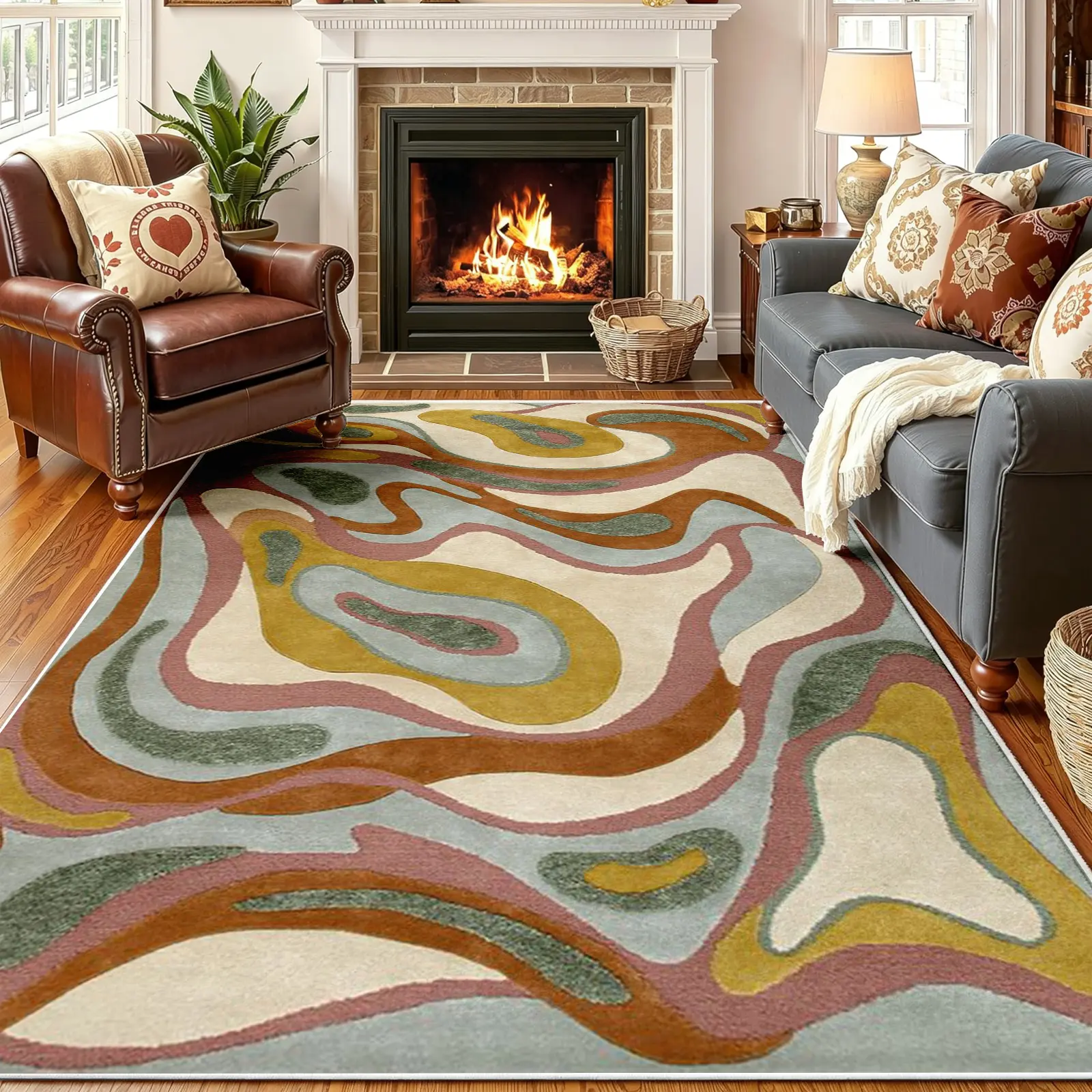 Retro Abstract Swirl Area Rug (8x10ft) - Non-Slip, Washable, Soft Earth Tone Groovy Carpet for Living Room, Bedroom Aesthetic Decor