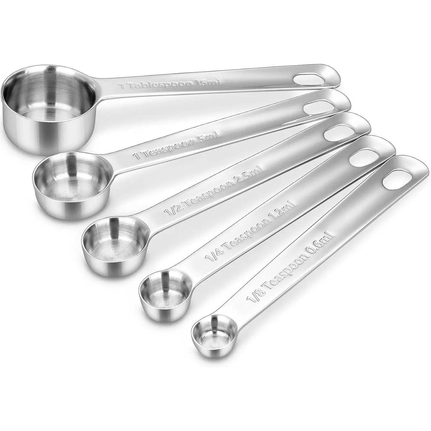 18/10 Measuring Spoons Set (, 5 count Measuring Spoons) | 18/10 Stainless Steel; 1/8 Tsp to 1 Tbsp; Extrat-Long Handles; Stackable; Dishwasher Safe for Baking and Cooking.