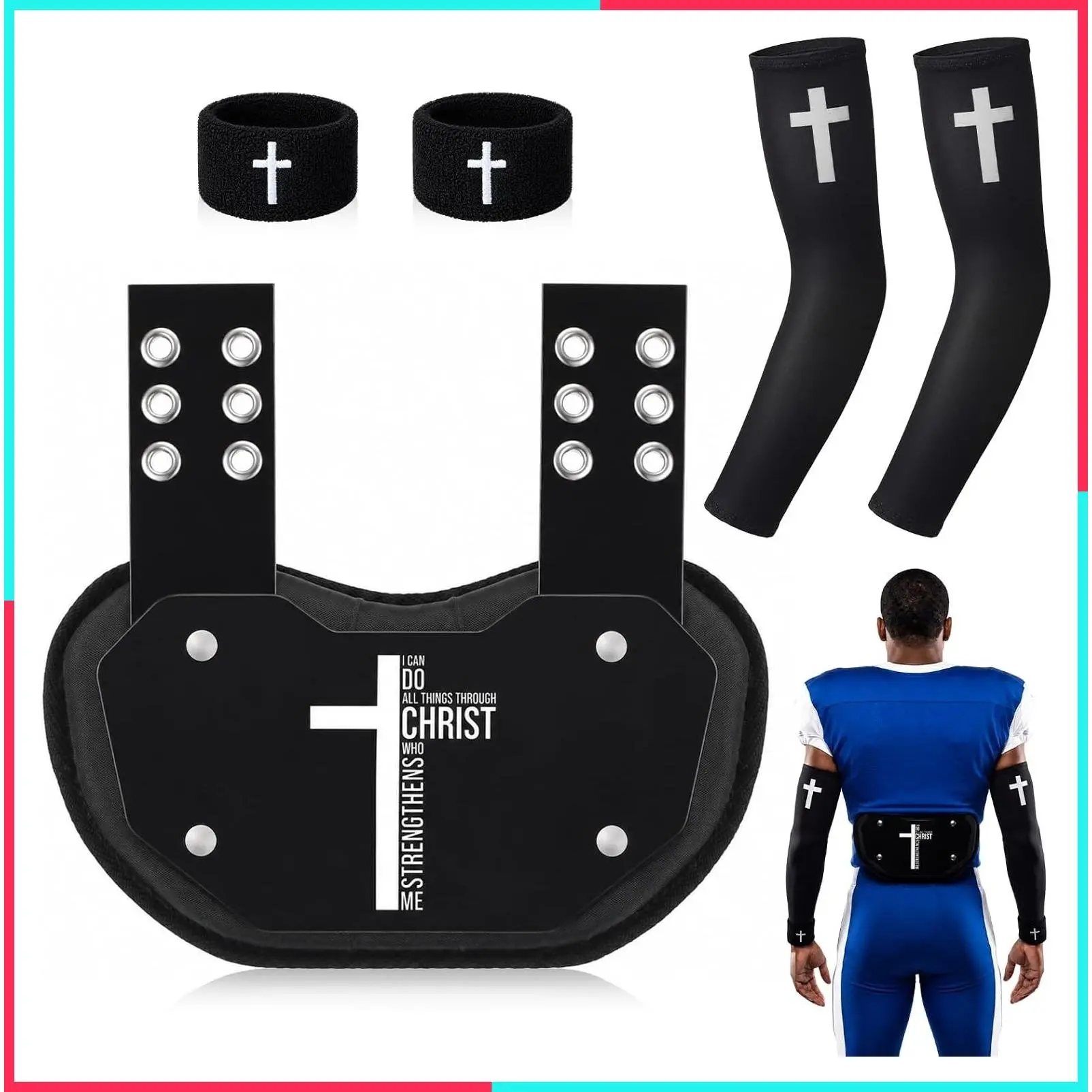7 Pcs Christian Football Backplate Set with Arm Bands Bicep Bands Faith Cross Arm Sleeve Sport Lower Back Pads Rear Protector for Youth Adult