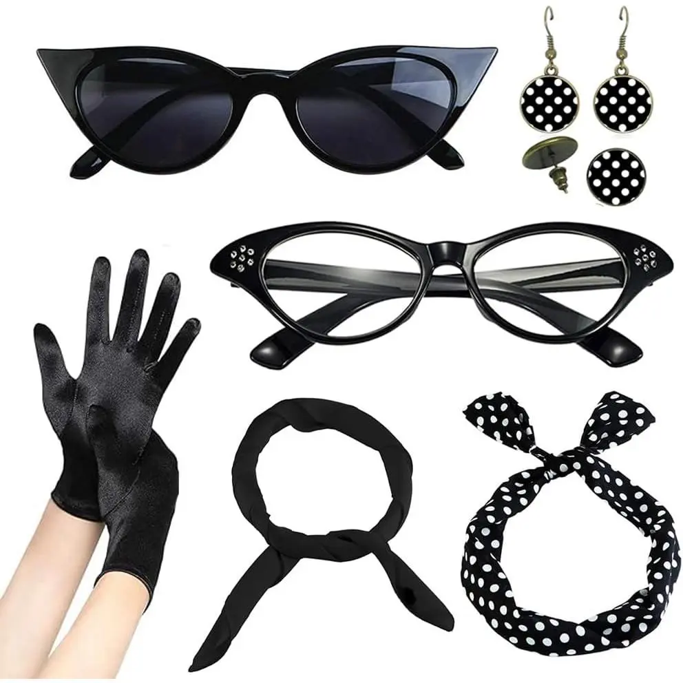 1950's Womens Costume Accessories Set Polka Dot Hair Accessories Earrings Chiffon Scarf Gloves  Eye Glasses