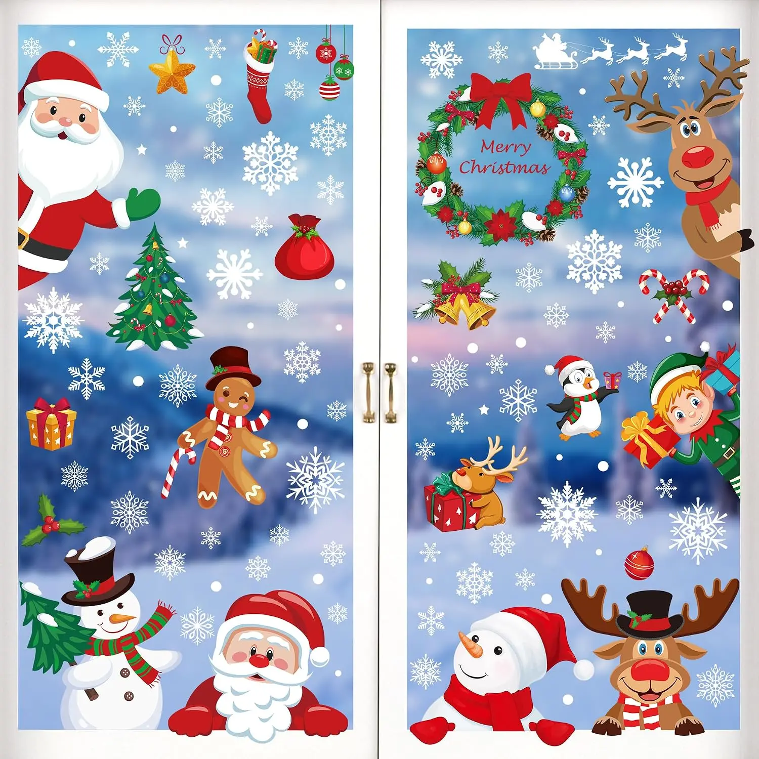 186 count Christmas Decor, Christmas Window Clings, 9 Sheets Snowflake Window Stickers  with Santa Claus Snowman Reindeer, PVC Xmas Decorations Clings for Holiday Party Decorations Accessories