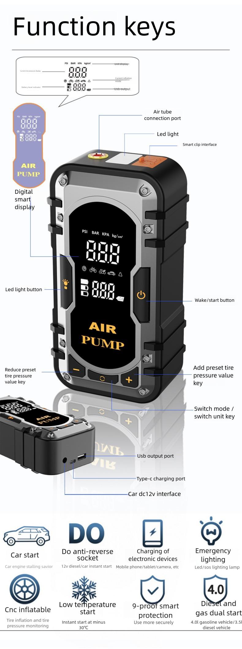 2-in-1 Portable Car Jump Starter & Tire Inflator with Emergency Light & Power Bank