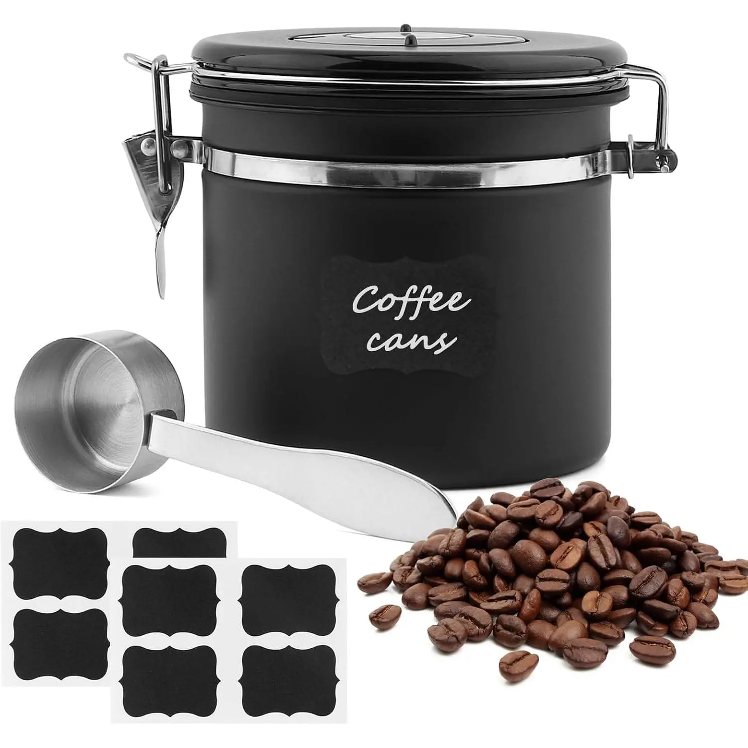 Airtight Coffee Canister with CO2 Valve and Date , 1.2 L (40.6 fl oz), 4.65 x 4.76 in, Stainless Steel Liner, Includes Scoop and 8 Labels, Black