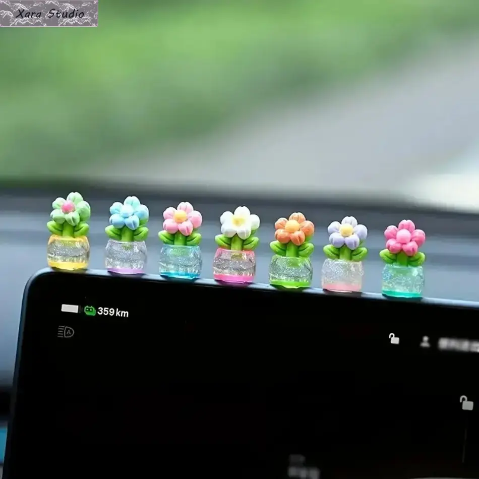 7pcs Resin Mini Flower Potted Plants - Compact Realistic Tiny Ornaments, Aesthetic Car Dashboard Accessory, Office Desk Decor, Mini Gifts for Coworkers