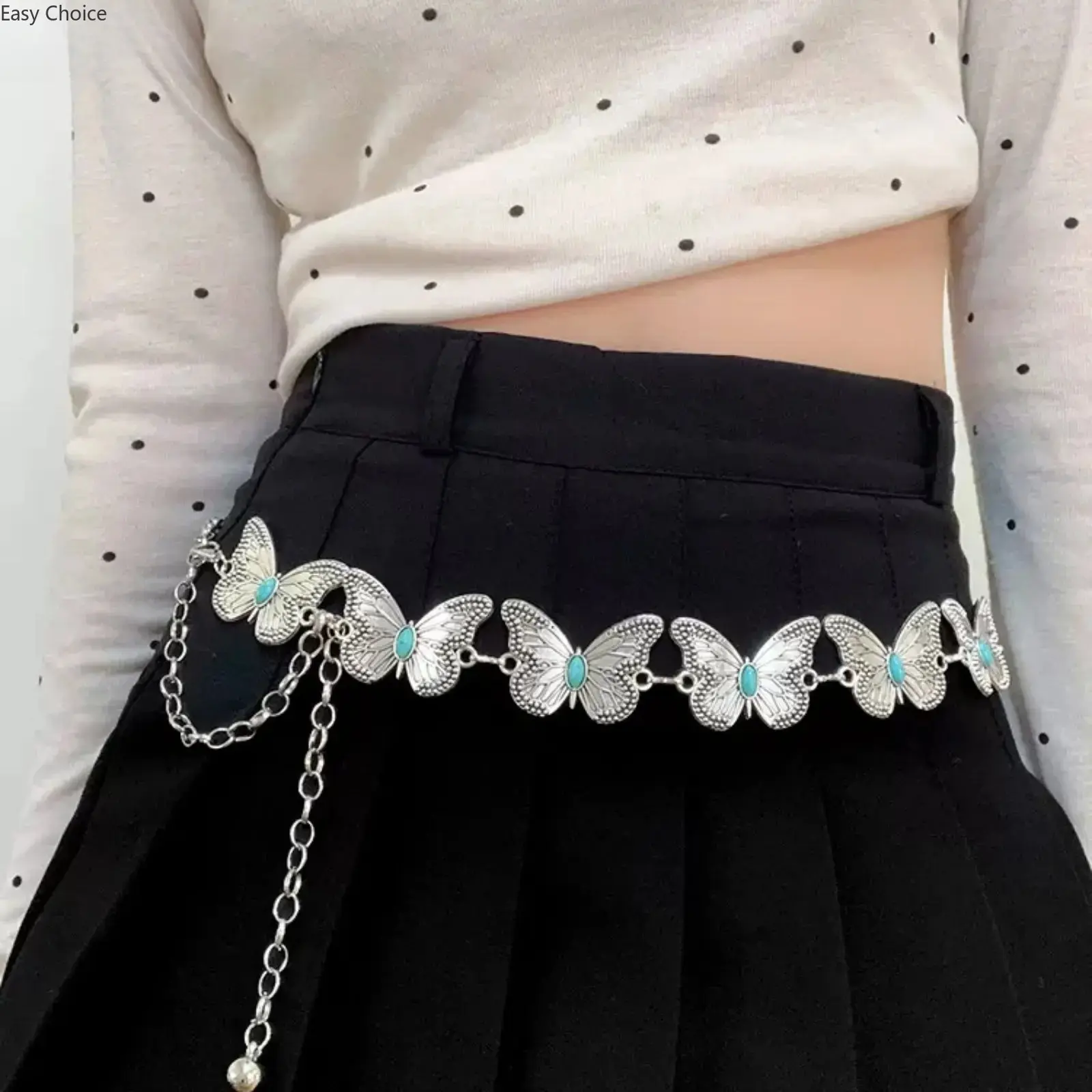 Women's Retro Butterfly Waist Belt, Thin Adjustable Metal‑Link Chain Belt with Metal Buckle, Mid‑Waist Fashion Accessory, Trendy Decorative Belt for Summer Outfits, Dresses and Pants, Stylish Item for Back‑to‑School Haul Wardrobe Upgrades