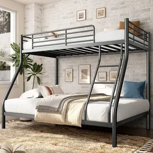 Bunk Bed Metal Bed Frame, Twin Over Full, Heavy Duty Sturdy Bed Frame With Ladder, Full Length Guardrails,  Storage, Black