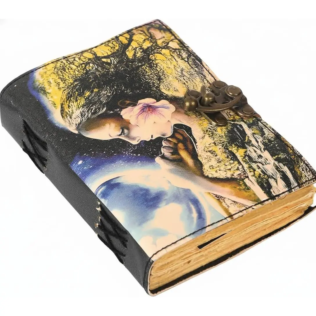 Book of Spells Leather Bound Journal Deckle  Paper Grimoire Printed Diary Third Eye   and  Spell Notebook Antique  Book for Men and Women (Guardian Of Nature)