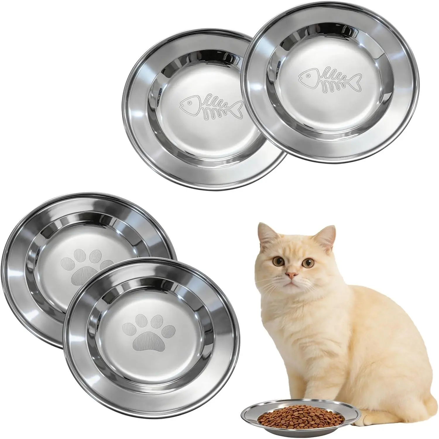 4-Pack Stainless Steel  Bowls, 6.3” Shallow  Bowl, -Friendly to Help   , Thickened & Durable  Dishes for Cats and Kittens, Dishwasher Safe