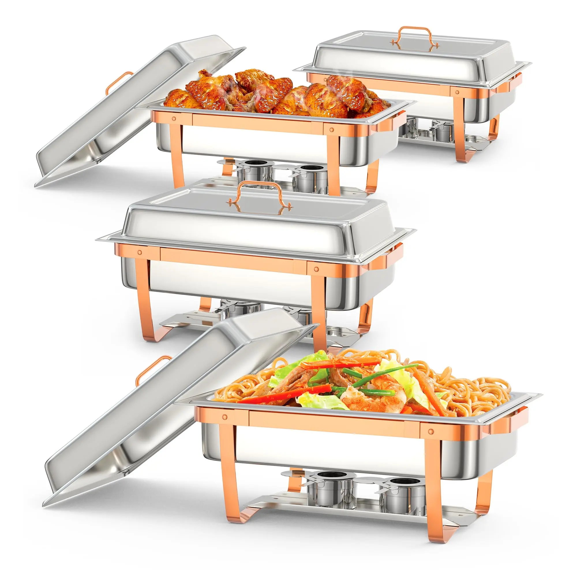 GARVEE 4 Pack 9QT Stainless Steel Chafing Dish Buffet Set with Lids, Pans, and Fuel Holders - Elegant Rose Gold Buffet Food Warmers for Catering, Parties, Weddings, and Dinners