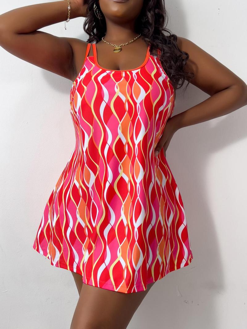 【Plus Size】colorful Wave Striped Print Tankinis Set, Adjustable Strap Backless Scoop Neck Swim Top & Swim Shorts Tankini Swimsuits, Bathing Suits Women, Tankini Top Bottoms, Neon Summer Swimsuit