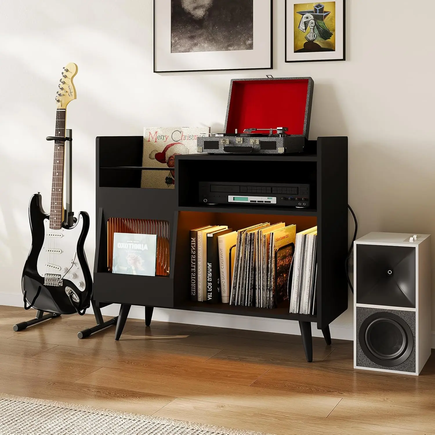 Spacious Record Player Stand - Modern Turntable Table with Sliding Door, LED Lights, Charging Station, Large Vinyl Storage Shelf for Living Room or Home Office, Brown