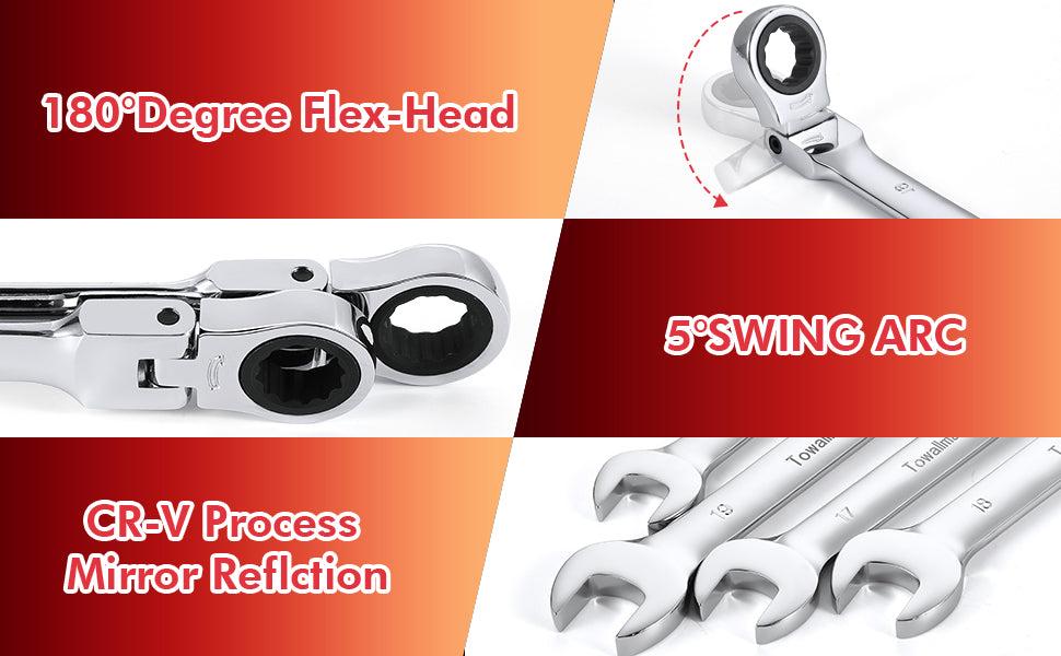 GARVEE Metric Ratcheting Wrench Set P-12 180° Flex-Head Cr-V Steel 9-18mm with Premium Roll-Up Storage Pouch, Polished Finish, 12-Piece Set