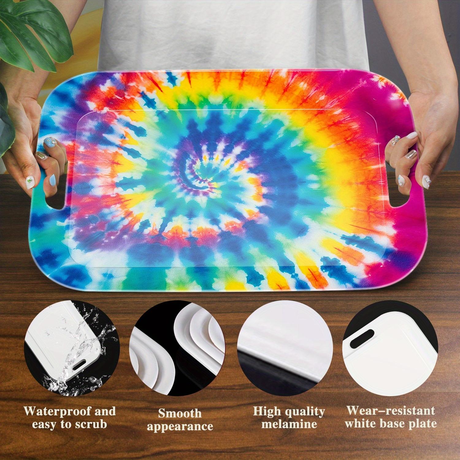 Lightweight & Sturdy Rectangular Serving Tray with Handle - Easy-Clean Melamine Tray, Pastel Tie-Dye Spiral Patterns in Pink, Blue, Green, Yellow, Orange, Purple, Red, Black, White, Gray - for Parties, Home, Office, Restaurants - Modern Decorative Tray,