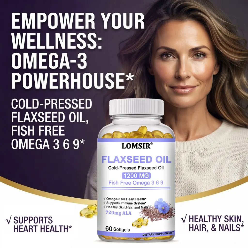 Flaxseed Oil 1200 mg, Fish Free Omega 3 6 9 with 720mg ALA, Dietary Supplement for Heart Health Support - Cold Pressed- 60 Softgels, Nutrition Supplement, Prop 65 Safe
