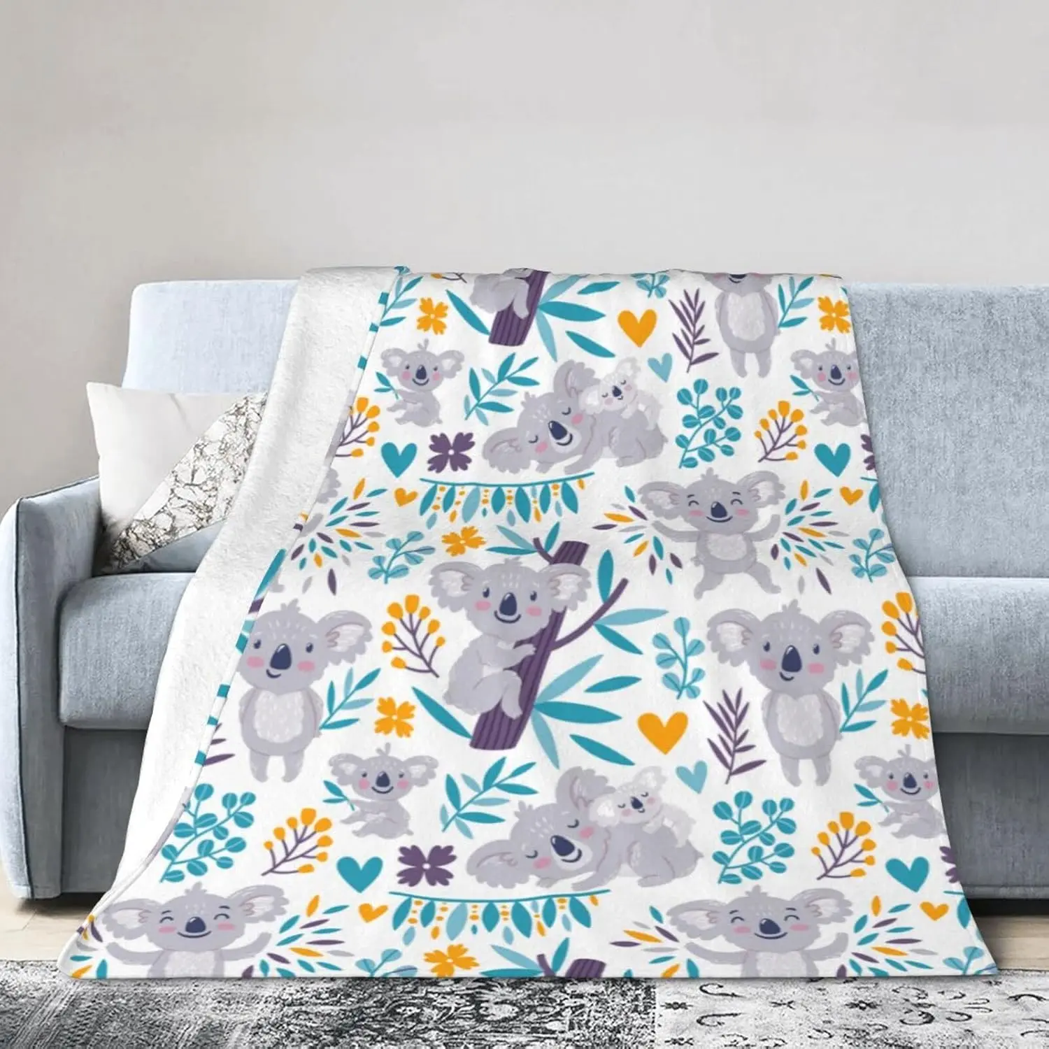 Koala Print Flannel Fleece Blanket - Super Soft Warm Cozy Plush Camping Sleeping Gear for Home & Car, All Season Sports & Outdoor Use, Ideal Gift for Girls, Machine Washable