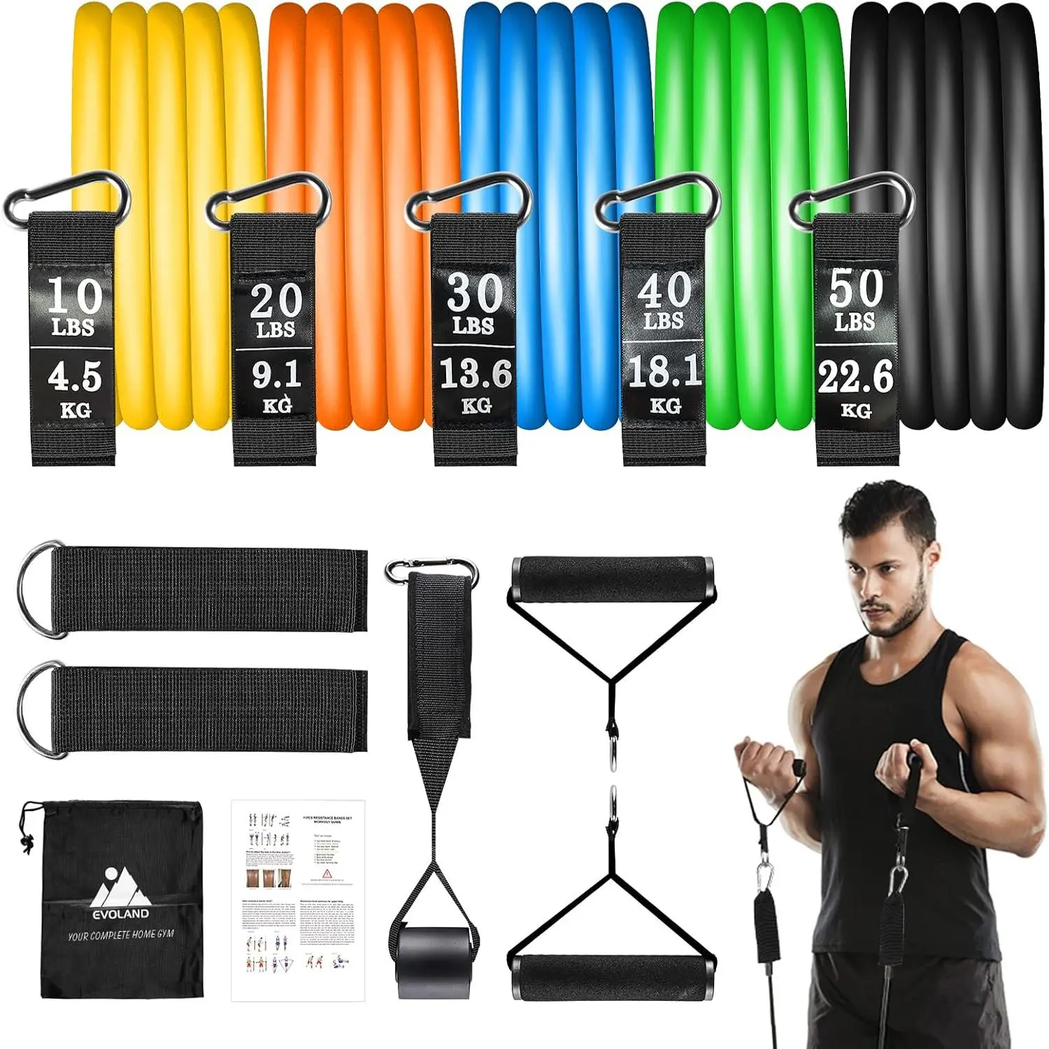 Resistance Bands Set (12pcs), Workout Bands with Handles, Door Anchor, Ankle Straps and Carry Bag, Exercise Bands for Shape  and  Workouts