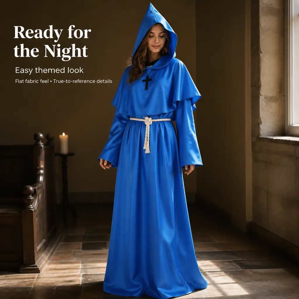 Women's Thick Smooth Royal Blue Hooded Monk Robe Costume Set - Medieval Friar Priest Long Gown with Waist Rope, Cross Pendant, Cape Accessories - Halloween Vintage Religious Outfit for Cosplay, Historical Events