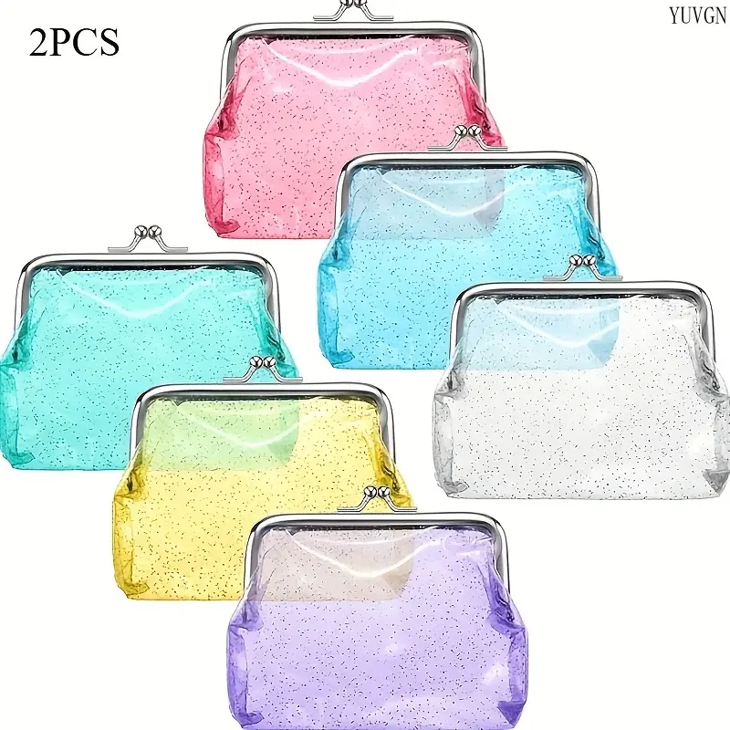 Women's 2Pcs 4-in Glitter Clear Kiss Lock Coin Purses, Portable Mini Transparent Gym Accessory Pouches for Lipstick, Earphone Storage, Travel Party Favors Gifts