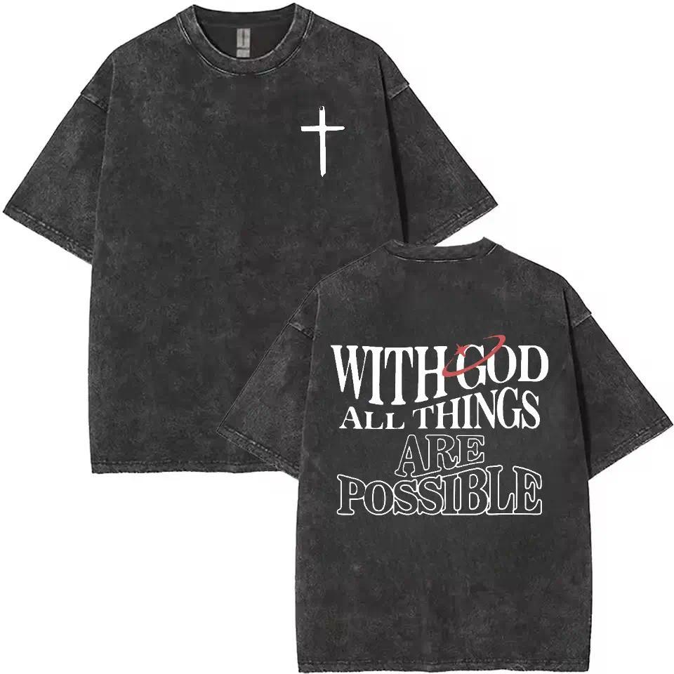 Men's vintage washed cotton T-shirt with the design 'With God all things are possible' from Matthew 26:41, loose fit short-sleeve shirt, black with white lettering, casual attire, high-quality fabric